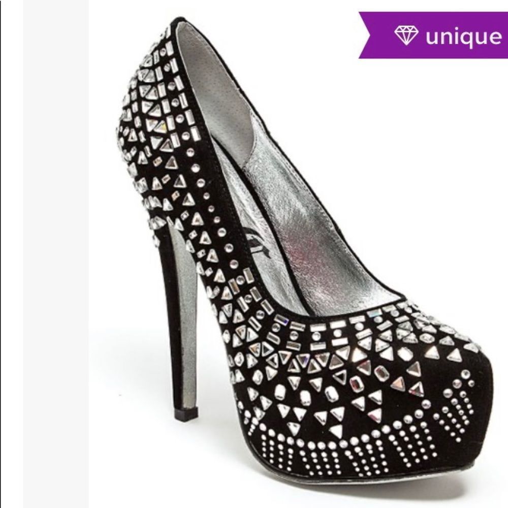 Lady Couture Black & Silver Studded Suede 4 Inch Heel Pump 5.5 36‎ New